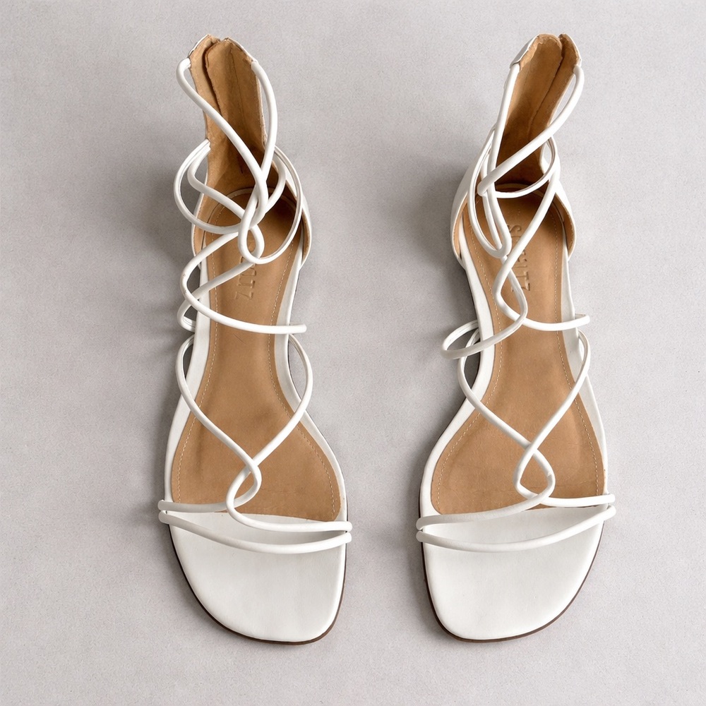 SCHUTZ Fabia White Leather Gladiator Sandal Back Zip Made in Brazil Flats